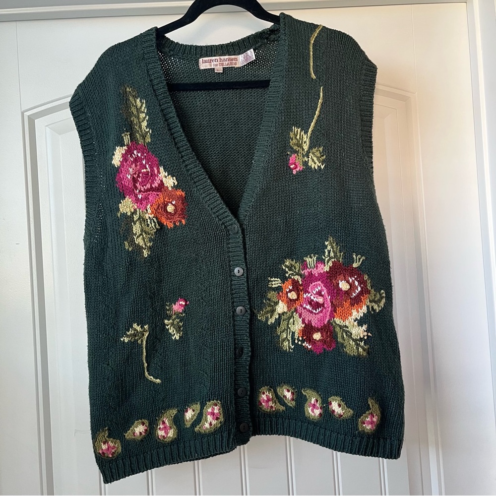 Vintage Lauren Hansen floral knit sweater vest cardigan size large grandmacore